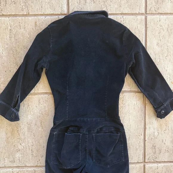 VTG STUSSY Womens XS Black Corduroy Jumpsuit Flare Leg Y2K Baddie 3/4 Sleeve Zip